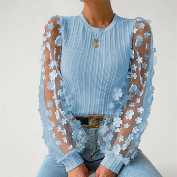 Floral Mesh Sleeve Top – Ribbed Knit Body with Sheer Flower Details