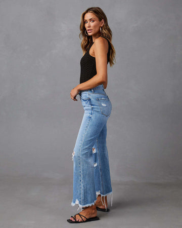 American Water Washed Hole High Waist Trousers Wide Leg Pants Jeans