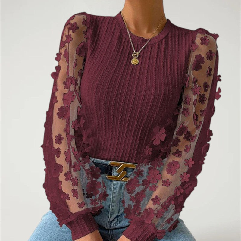 LORAINE™ | Top de punto acanalado con mangas de malla floral para mujer