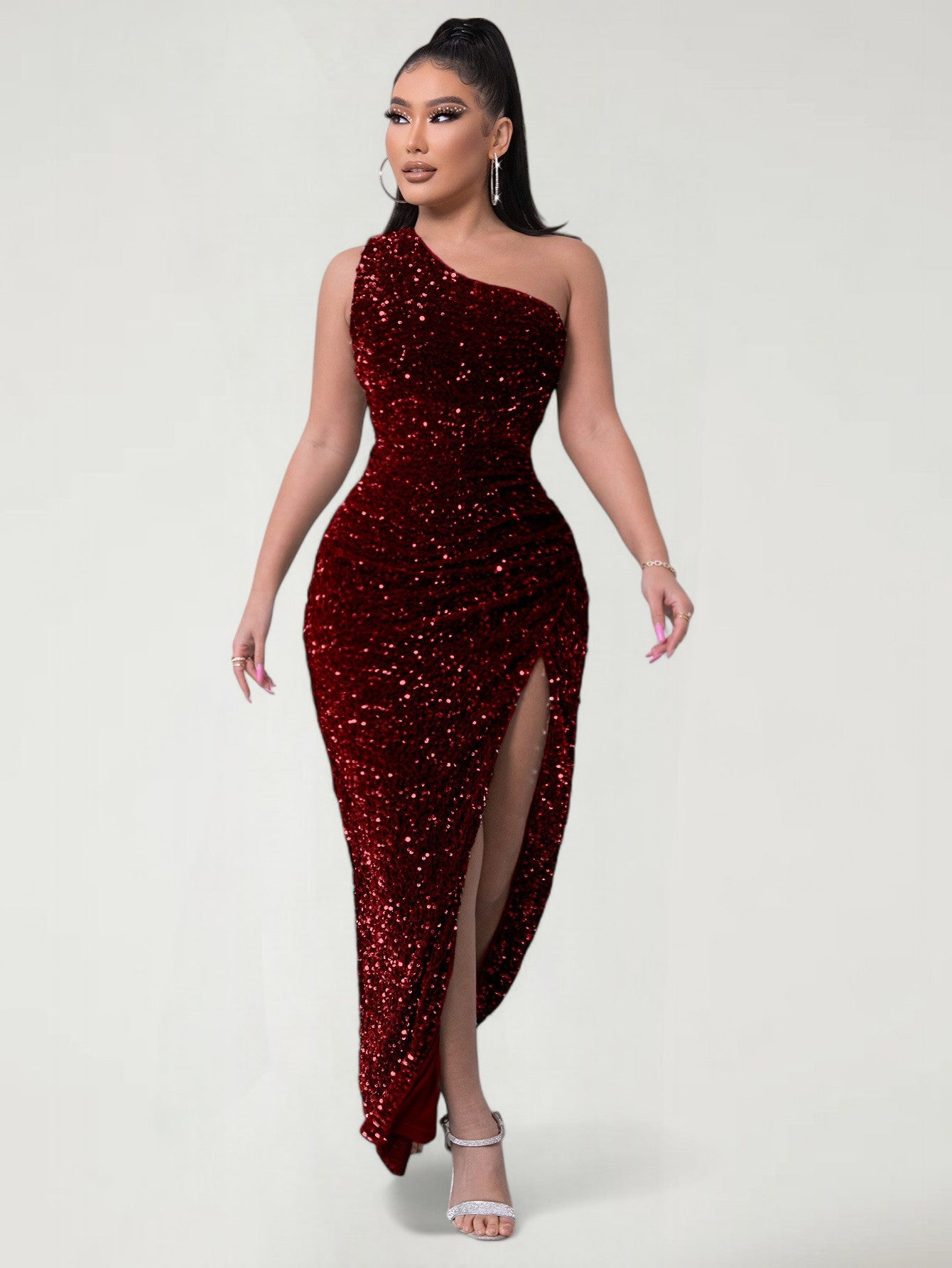 AMARA™ | Vestido de noche de lentejuelas de un solo hombro con abertura alta
