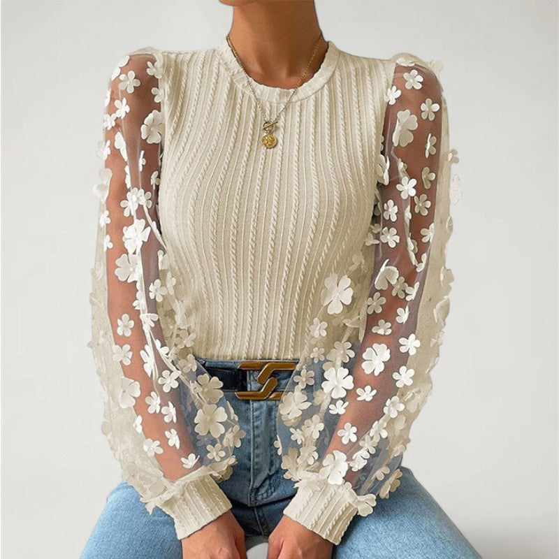 LORAINE™ | Top de punto acanalado con mangas de malla floral para mujer