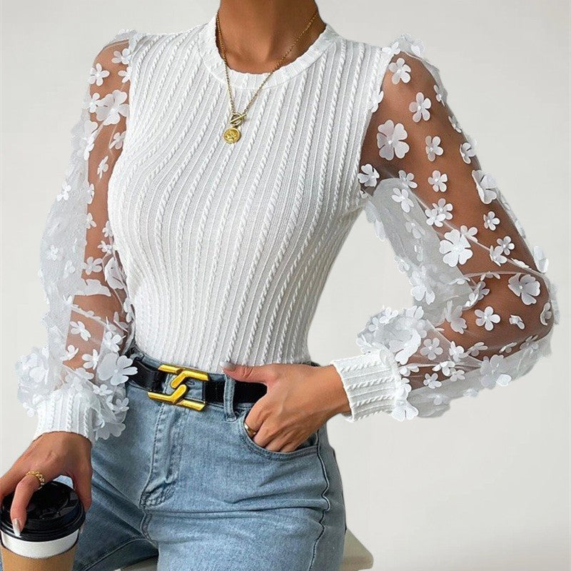 LORAINE™ | Top de punto acanalado con mangas de malla floral para mujer