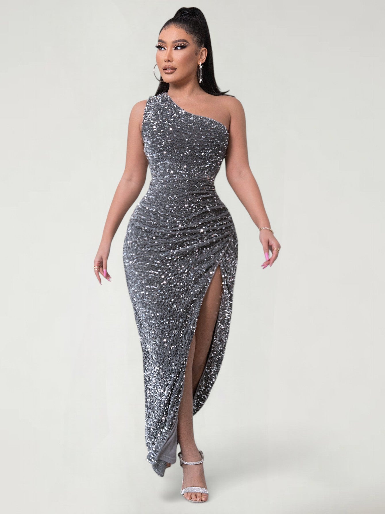 AMARA™ | Vestido de noche de lentejuelas de un solo hombro con abertura alta