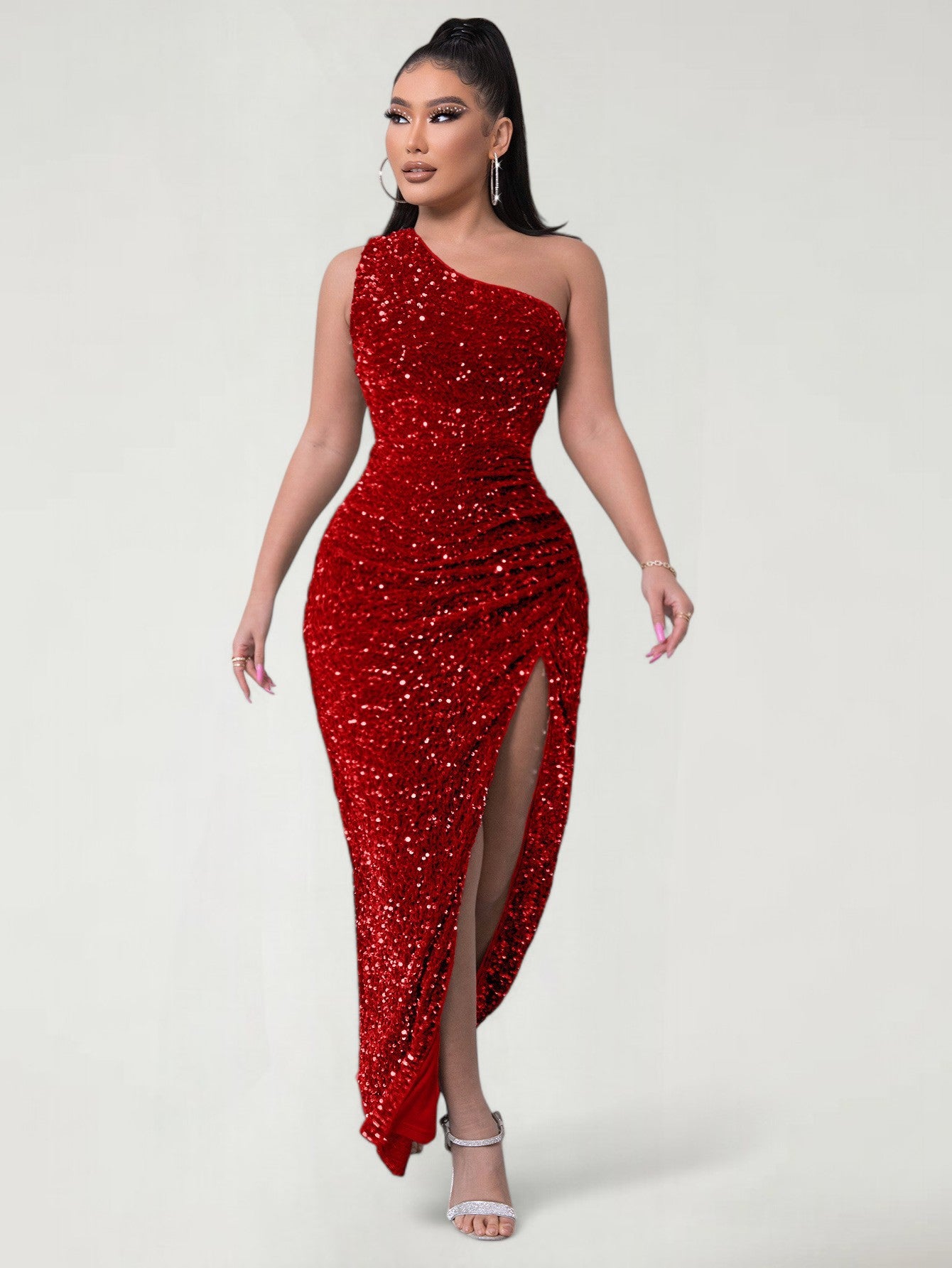 AMARA™ | Vestido de noche de lentejuelas de un solo hombro con abertura alta