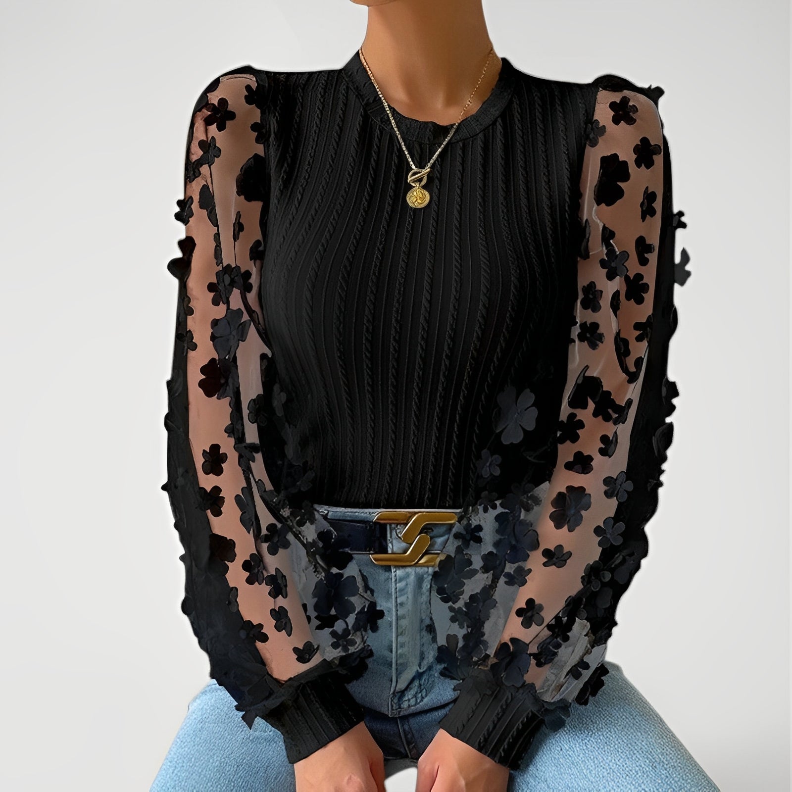LORAINE™ | Top de punto acanalado con mangas de malla floral para mujer