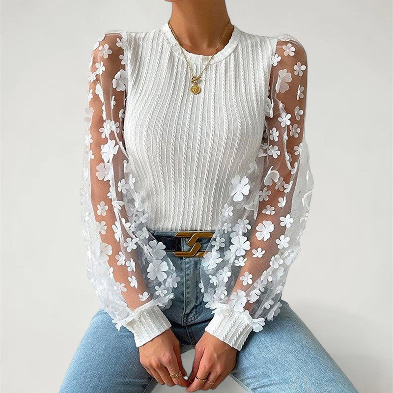 LORAINE™ | Top de punto acanalado con mangas de malla floral para mujer