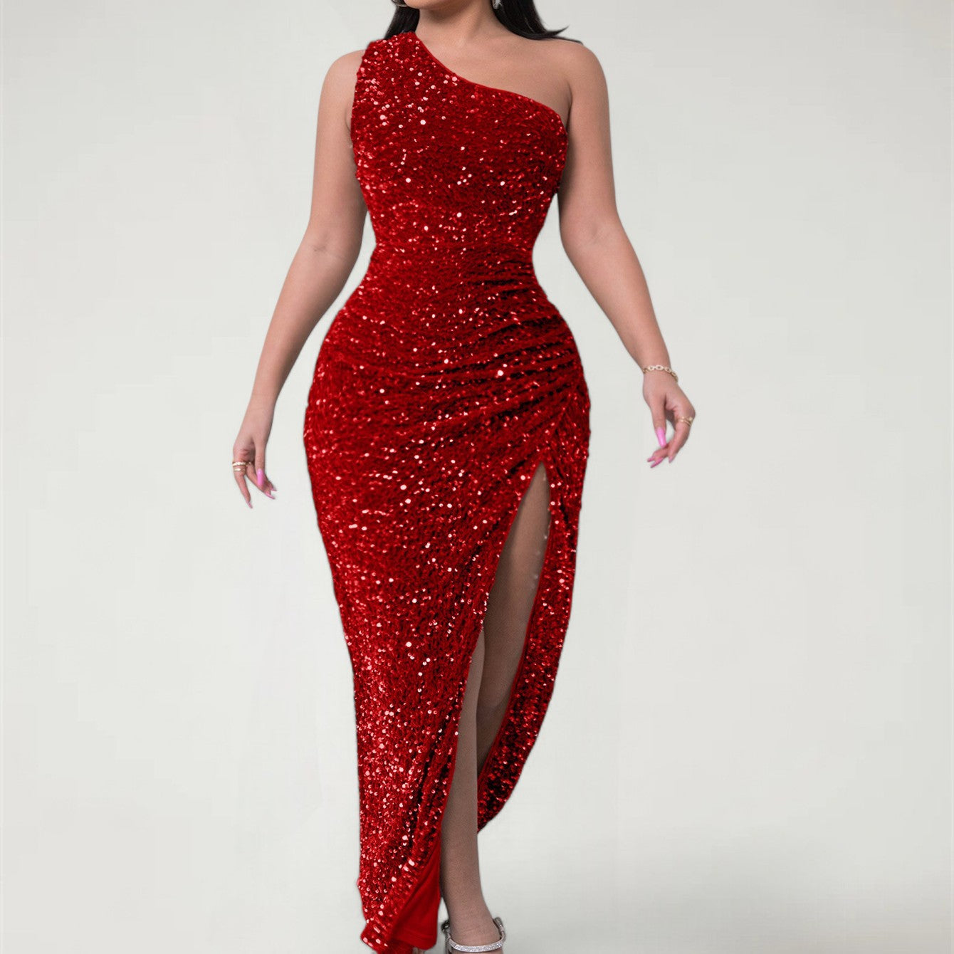 AMARA™ | Vestido de noche de lentejuelas de un solo hombro con abertura alta