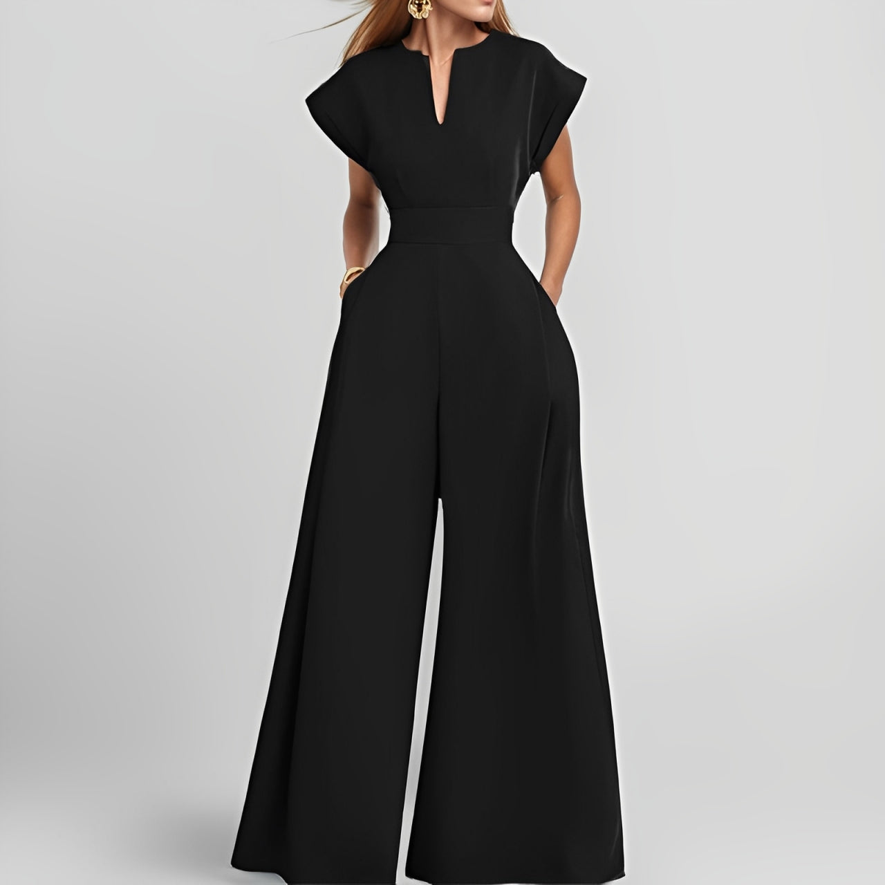 Women's Elegant Solid Color And V-neck Sleeveless Waist Wide-leg Jumpsuit