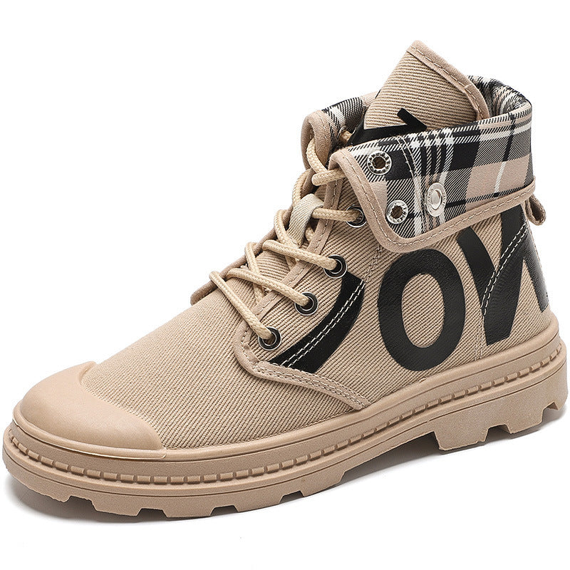 High-Top Canvas Boots with Plaid Foldable Collar