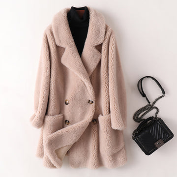 Women's Mid-length Loose Wool Sheep Shearing Coat