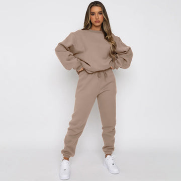 Women's Solid Color Round Neck Pullover Fashion Casual Sweater Suit