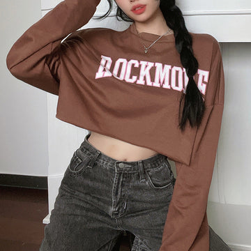 Harajuku Letter Printed Brown Cropped Sweatshirt Women Tops