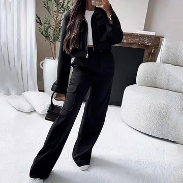 Fashion Solid Color Zipper Short Jacket Slim Fit Overalls Suit