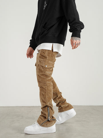 High Street Retro Distressed Corduroy Zipper Slim Cargo Pants